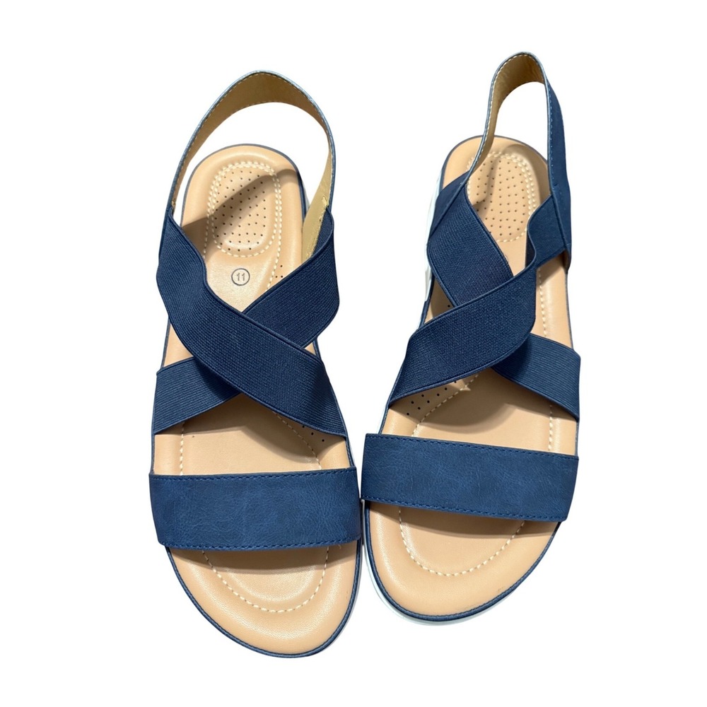 Mysoft Navy Blue Elastic Strap Wedge‎ Sandals Women's Size 11 Comfort Air Cush